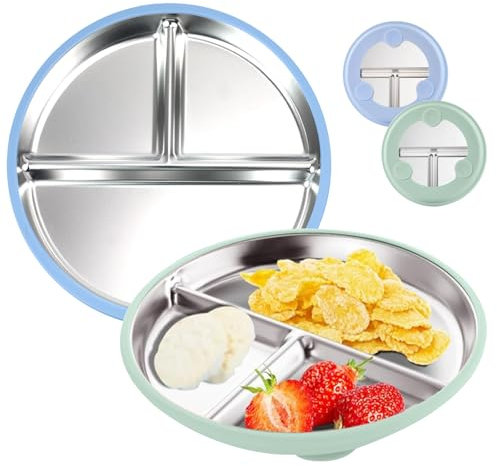 DONGSZQ 2 Piezas de Platos de bebé de Acero Inoxidable con Ventosa, plato antideslizante para bebés, Platos divididos para niños con Funda de Silicona Desmontable, bueno para la alimentación del bebé