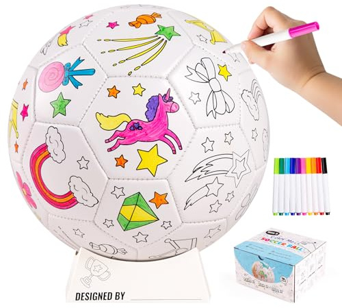 U&C Planet Größe 3 Fussball zum Anmalen Unicornio Fußball Kinder 3-8 Jahr | Fussball Mädchen, Fußball Anmalen enthält 10 Abwaschbare Marker, Ballständer und Pumpe, Spiel für Innen und Außen