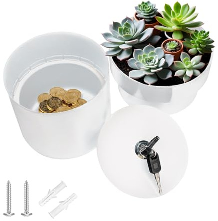iMeshbean Blumentopf Safe Weiß, Getarnter Tresor mit Schlüssel Kleiner Abschließbares Versteckter Safe Geheimversteck für Zuhause, Ohne Pflanze (Weiß)