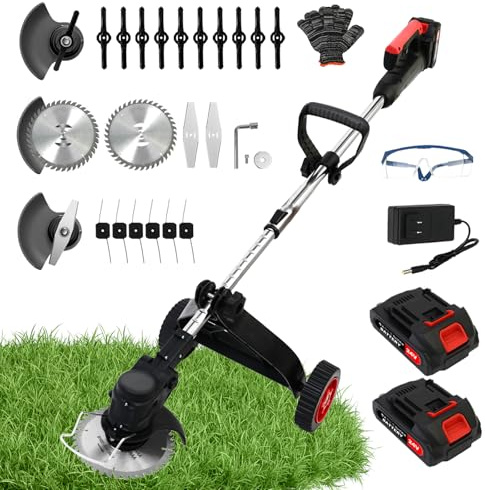 ALSO GO 21V Electric Cordless Weed Wacker, 3-in-1 Weed Eater with 2-Battery Powered, Lawn Mower/Grass Trimmer/Lawn Edger with 3 Types Blades, Stringless Grass Wacker with Wheels (2 Battery Include)