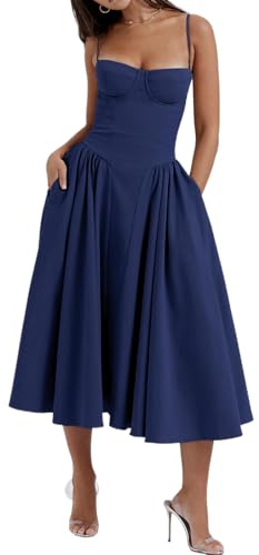 Women's Corset Dress Vintage Spaghetti Strap A-Line Midi Elegant Bustier Cocktail Party Evening Tea Dresses Pocket (US, Alpha, X-Large, Regular, Regular, Navy Blue)