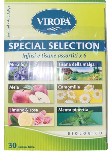 VIRÒPA Special Selection – Confezione Mista Tisane | Mirtillo, Mela, Camomilla, Malga, Limone e Rosa, Menta Piperita | 5 Bustine Filtro per Gusto – 30 Totali | Infusi Naturali e Biologici