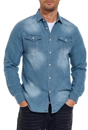 HOTIAN Herren Hemden Denim Shirt Jeanshemd Herren Freizeithemd Regular Businesshemd Slim Fit Herrenhemden