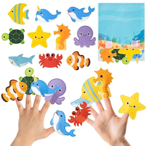 COcnny - Meerestier-Fingerpuppen, 11 Stück Meerestiere Filzpuppen mit Seesack, Bastelset für Kinder, machen Sie Ihr eigenes Zählspielzeug