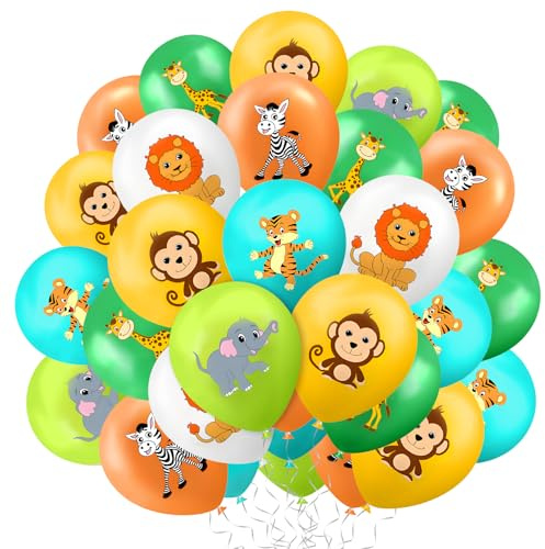 TYFYH Luftballons Tiere 50 Stück bunte Tierballons mit 6 Tier Motiven 12 Zoll Latex Geburtstagsballons, Safari Dschungel Deko für Mottoparty
