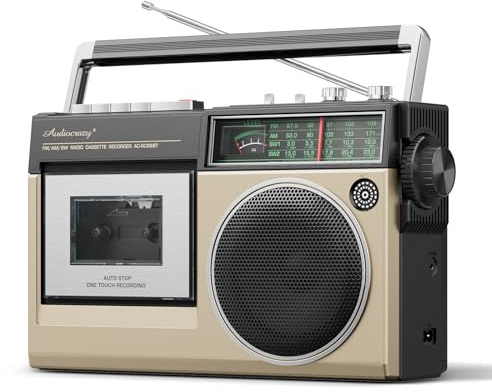 Audiocrazy Portable Cassette Tape Player with AM FM SW Stereo Radio, Bluetooth Cassette Player Recorder with Built-in Microphone | USB Port | Headphone Jack | AC/Rechaegeable/D Cell Battery (Gold)