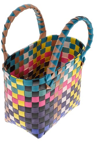 HOMOBABE Großer Geflochtener Einkaufskorb mit Henkel Bunter PVC Aufbewahrungskorb für Picknick Strand und Vielseitige Nutzung für Obst Gemüse und