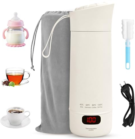 Liten resevattenkokare, 400 ml bärbar elektrisk vattenkopp, 300 W resevattenkokare, 304 rostfritt stål liner – 4 justerbara temperaturnivåer för te, kaffe, babymjölk bil