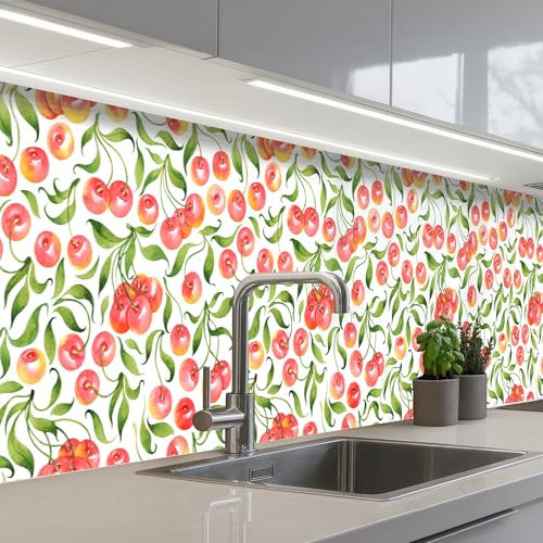 KitchenYeah© Credence Cuisine 80x500 cm Adhesif Protection Mur Plaque De Cuisson Plastique Rigide Revetement Murale À Coller Motif - Cerisier - Blanc