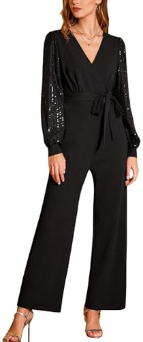 CUPSHE Damen Jumpsuit Elegant V-Ausschnitt Paillette Langarm Party Overall | Bindegürtel, Gerades Bein, Fließender Fall, Glänzende Details, Für Party Abendessen & Festliche Anlässe