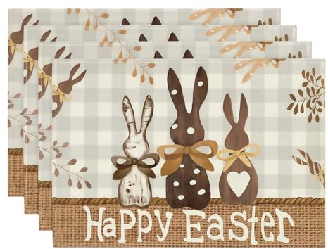 4er Set Tischset Ostern Leinen - Abwaschbare Platzsets Hitzebeständig - Rustikales Karo Design mit Hasen - Moderne Oster Tischdeko für Küche, Esszimmer & Garten - Happy Easter Deko