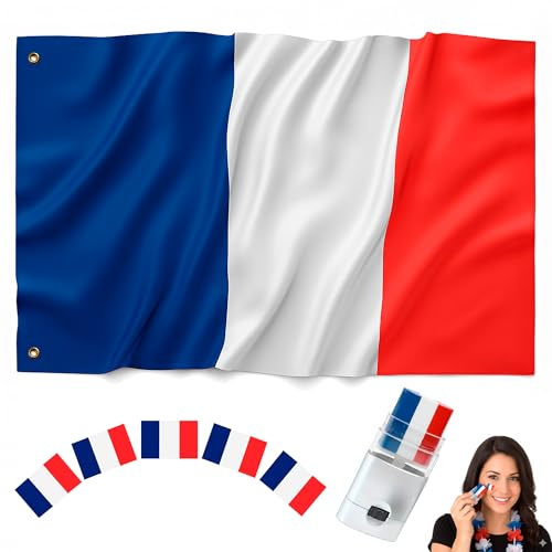 BIORYC® Drapeau Francais 150x90 cm. Pavillon Français Extérieur en Polyester Renforcé 110g/m². 2 Œillets Métalliques pour Balcon et Jardin. Inclus : Maquillage Drapeau France et Autocollants Supporter