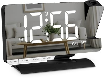 Amgico Projection Alarm Clock,Digital Clock with Projection,7.3 Mirror Clock with 180°Rotating Projector,Dual Alarm with 3 Mode,Bright Adjust,DST,Snooze,Charging Port,5 Levels Volume for Desk Teens