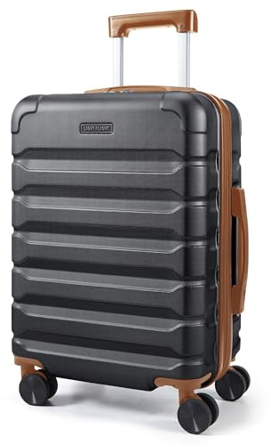 LIGHT FLIGHT Expandable Cabin Suitcase 20 Inch, ABS Carry On, 55x22x38 | Black & Brown, 33-41 L Capacity, 360°Rubber Spinner Wheels, Lockable Zipper, Airline-Approved, 6.94 lbs