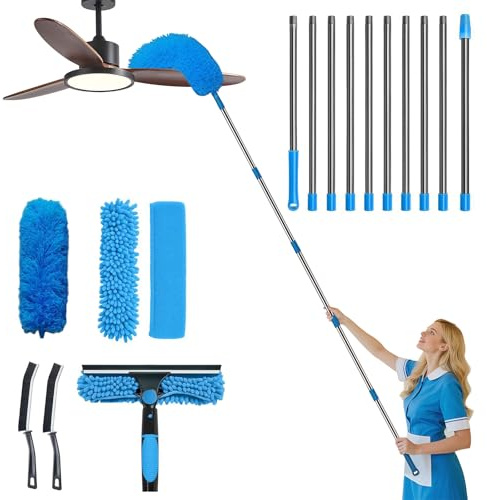 Orifesio 4.3M Long Reach Window Cleaning Equipment, Extendable Window Cleaning Kit with 10 Extension Pole, 2 Crevice Brush, 1 Duster & 3 Microfiber Cloth, High Windows Cleaner Pole Indoor Outdoor