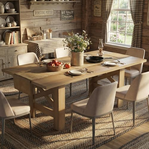 IDEALHOUSE 71 Long Dining Table for 6-8, Farmhouse Wooden Barn Kitchen Table for 6, Triangular Legs, Large Dining Room Table w/Thickened Tabletop, Sturdy Frame, for Dinner, Kitchen, Office, Natural