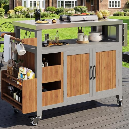 Tavolino Laterale per Barbecue con 3 Ganci, Carrello per griglia con Ripiano Laterale Estraibile, Piano di lavoro in Acciaio Inox, Mobile da Giardino in Legno Massello, Carrello di Servizio Intemperie