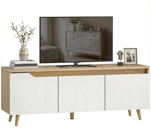 HOMCOM Mobile TV, Mobile Porta TV Fino a 55 con Armadietti 3 Ante e Ripiano Regolabile, Mobiletto per Televisore con 5 Gambe in Legno per Soggiorno Camera da Letto Salotto, Rovere e Bianco