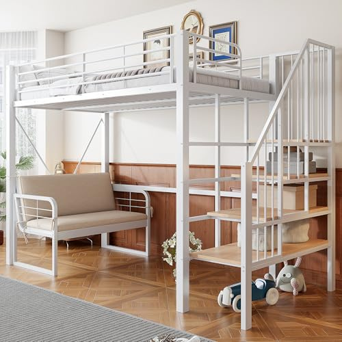 kozamas Etagenbett 90x200 cm mit Polstersofa & Stauraumleiter – Metall-Hochbett für Kinder, Jugendliche & Erwachsene, abnehmbares Sofa, Sicherheitstreppe, weiß