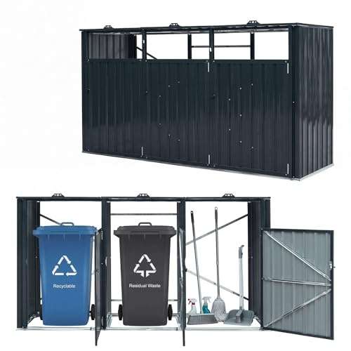 COSTWAY Cache Poubelles Exterieur en Métal, Abri Poubelle Triple 3 Bacs