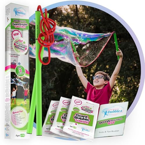 WOWMAZING Kit De Pompas Grande - Incl. Gran Varita De Pompas, 2 Polvo Packs De Burbujas Gigante Y Folleto De Consejos Y Trucos - Pompas De Jabon - Juguete Al Aire Libre