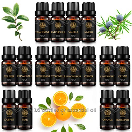 16x10ml Aromatherapie Vanille ätherisches Öl Set für Diffusor, 100% reine Kamille ätherisches Öl für Hause- Zeder, Patchouli, Myrrhe Öle..., therapeutische Qualität Wacholder beere Öl für Massage