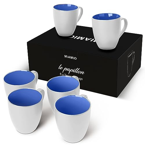 MIAMIO - Set med 6 Kaffemuggar 350 ml – Moderna Kaffekoppar i Keramik Vit Blå – Stora Muggar för Kaffe, Te och Cappuccino – Tål Diskmaskin och Mikrovågsugn