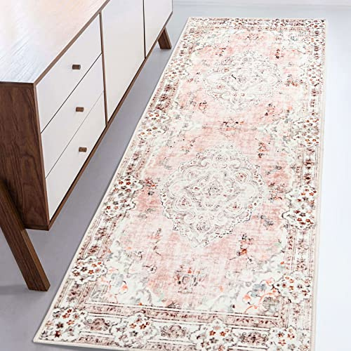 MUJOO Flurläufer, maschinenwaschbar, Läufer, Teppich, rutschfest, Boho-Pink, Teppich für Flur, Eingangsbereich, Küche, Badezimmer, Nachttisch, Retro, weich, niedriger Flor, 60x152 cm, Blütenmuster.