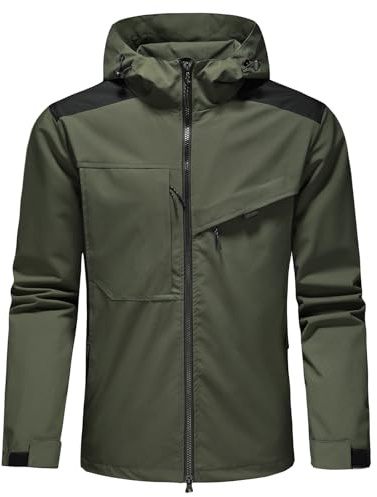 KUDORO Veste Homme Coupe-Vent à Capuche Blouson Homme Léger Casual Imperméable Trench-coat Poches Multiples(Verte Armée,S)