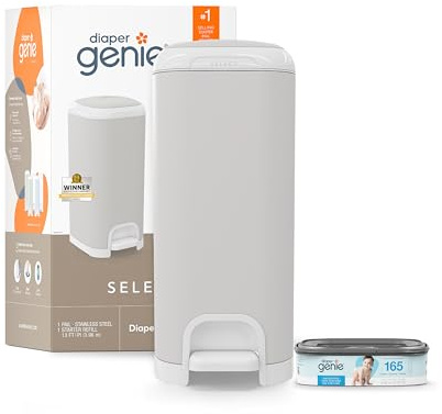 Diaper Genie Il secchio Select (grigio) è realizzato in resistente acciaio inossidabile e include 1 ricarica quadrata di avviamento che può contenere fino a 165 pannolini per neonati.
