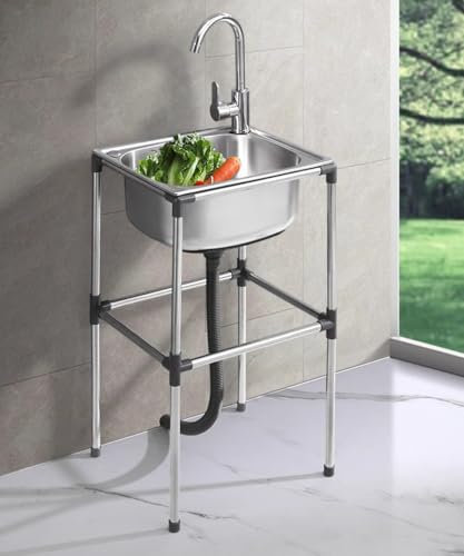 Akuops Stainless Steel Single Bowl Freestanding Utility Sink, Outdoor Camping Garden Sink for Washing, for Garage, Restaurant, Laundry Room,Silver A,37x31x70cm