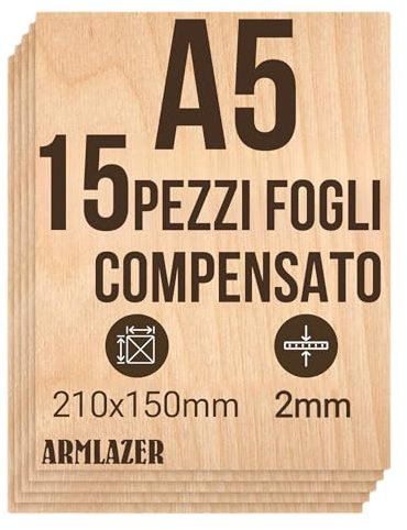 ARMLAZER COMPENSATO A5 210 x 150 х 2mm, 15 Pezzi, Pannelli di Legno, Pirografia, Tavola Modello Casa, Fai Da Te Fatto a Mano, Fogli Legno per Taglio
