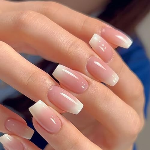 JUSTOTRY 24 Stück Pink Sarg Nägel Zum Aufkleben Mittel,Weiß Ballerina Press on Nails Einfarbig Pattern,Glossy Kunstnägel Fake Nails Medium,Schöne French Fingernägel Künstliche Nägel für Frauen