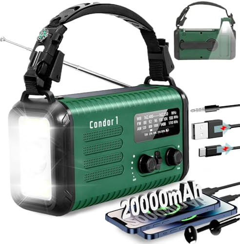 20000mAh/ 74000mWh Hand Crank Emergency Radio , AM/FM/NOAA Weather Radio , Battery Powered Solar Radios with USB Phone Charger & Reading Lamp Flashlight & SOS for Emergency/Survival/Camping