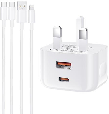 20W iPhone Charger Fast Charge USB C Charger Plug UK Type C Wall Charger | with Lightning Cable and USB C Cable for iPhone 17/16/15/14/13/12/11/XR/SE/8/iPad,Dual USB Type C Charging Plug Power Adapter