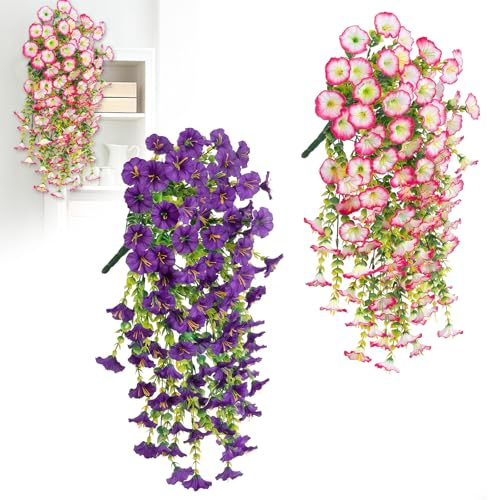 4 flores artificiales para colgar petunias, 75 cm, plantas artificiales colgantes, 2 colores, flores artificiales de petunia para exterior, jardín, interior, exterior, decoración de pared (púrpura y