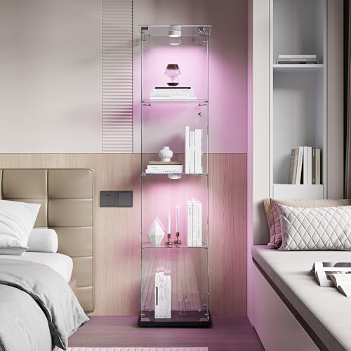 JYNVO Vitrine en verre trempé à quatre couches - Vitrine en verre transparent avec éclairage - Vitrine avec portes en verre - Vitrine sur pied en verre - Vitrine avec serrure - Noir (noir C, porte