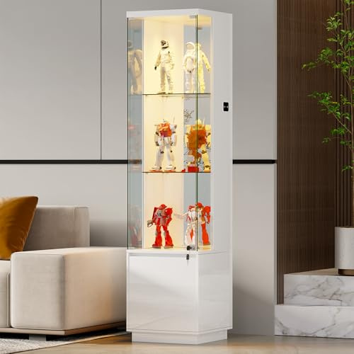 Gurexl 65 Tall Display Cabinets with Lockable Glass Doors,Glass Bookcase Bookshelf with Lights and 3 Tier, Modern High Gloss Cupboard with Human Sensor for Living Room Bedroom,Collection,White