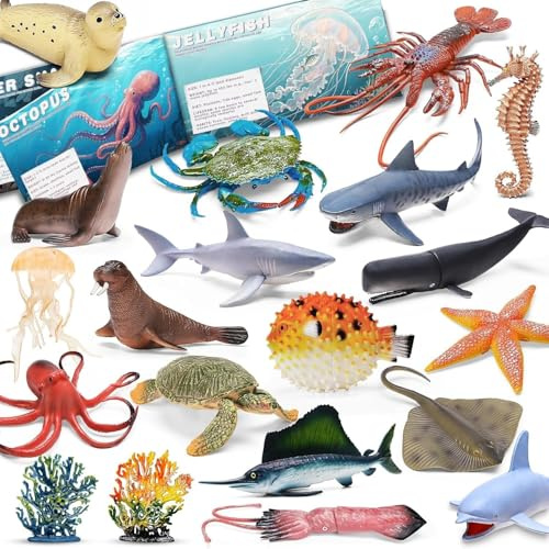 20 Pezzi Giocattoli Animali Oceanici con Opuscolo Educativo, Animali Marini in Plastica con Scatola Regalo, Mini Figure di Creature Marine per Bambini 3+, Regalo di Compleanno, Favori per Feste a Tema