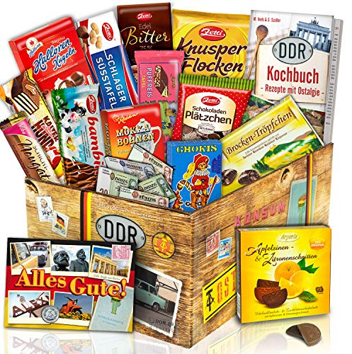Ostprodukte-Versand Schokolade Ostpaket XXL - 14-teiliges Geschenkset | DDR Süßigkeiten Box mit Viba, Zetti, Halloren und Bambina inklusive DDR Kochbuch als Geschenkidee für Männer und Frauen