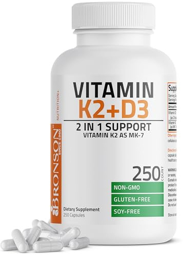 Bronson Vitamin K2 (MK7) with D3 Supplement Non-GMO Formula 5000 IU Vitamin D3 & 90 mcg K2 MK-7 Easy to Swallow D & K Complex, 250 Capsules
