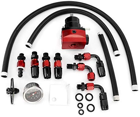 KIMISS Regulador de presión de combustible universal ajustable, para coches, para manómetro de 100 PSI, kit completo (negro + rojo)