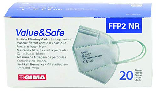 GIMA Masque filtrant Gima FFP2 Value & Safe, 5 couches, blanc, ergonomique, pliable, anti-poussière, élastiques flexibles et extensibles, DPI classe III, 20 unités en sachets individuels