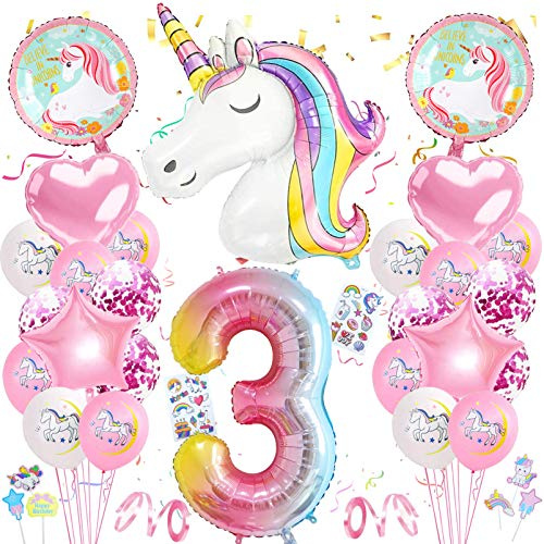 Einhorn 3 Geburtstag Deko,3. Geburtstag Mädchen,Luftballon 3. geburtstag Rosa,3.Geburtstagsdeko Einhorn,3. Ballon einhorn Deko