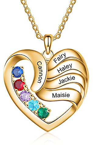 ALBERTBAND Personalisierte Damen Halskette für Mama Herz-Anhänger mit 2/3/4/5 Namen Geburtsstein 925 Sterling Silber Mutter Kind Kette Geschenk für Damen Mutter Ehefrau Freundin