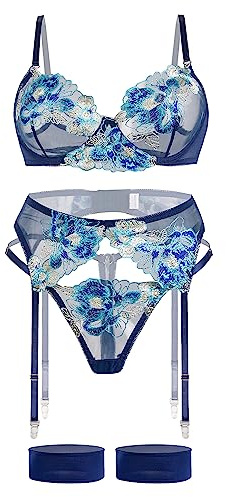 Aranmei Sexy Lingerie Set for Women 4 Piece Lingerie Set with Floral Embroidered Lace Sheer Underwire Bra with G-String Thigh Bands with Garter Belt, Blue S