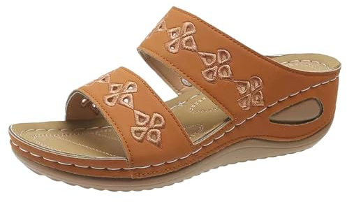 PAIDAXING Sandali ortopedici da donna, con zeppa bassa, con supporto plantare per fascite plantare, vintage, in finta pelle, pantofole estive per esterni, antiscivolo, da spiaggia, sandali con cuscino