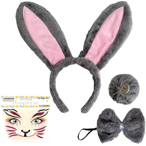 LUKIUP Hase Kostüm Damen Sexy, Osterhasenohren Tier Kostüm, Hasen-Zubehör-Set mit Hasenohren, Schwanz, Fliege und Gesichtstattoo für Ostern Bunny Cosplay (Weiß rosa/4 Stück)