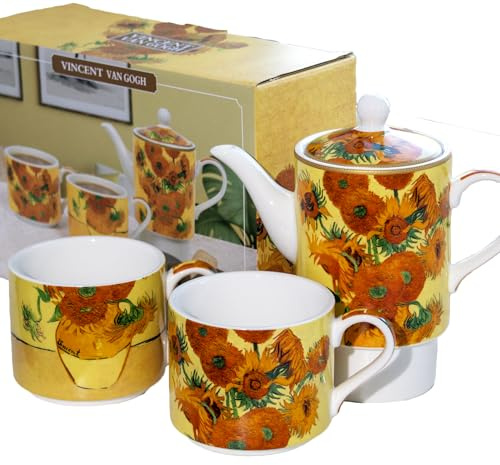 Van Gogh Tea for Two Set Sunflowers Fine China Stacking Floral Art Mugs & Teapot