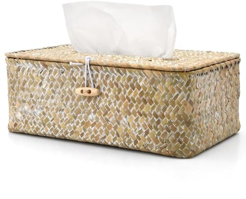 Seegras Tissue Box, Taschentuchbox, 23x13x9cm Rechteckige Gewebte Kosmetiktücherbox, Dekorativer Gewebter Papierhalter, Handgewebte Tücherbox, Taschentuchspender Vorbereiten, Kosmetiktücher Box, Weiß